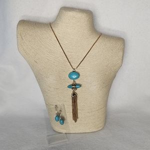 Fashion Jewelry Metal Stone Pendant Long Necklace & Earring Set